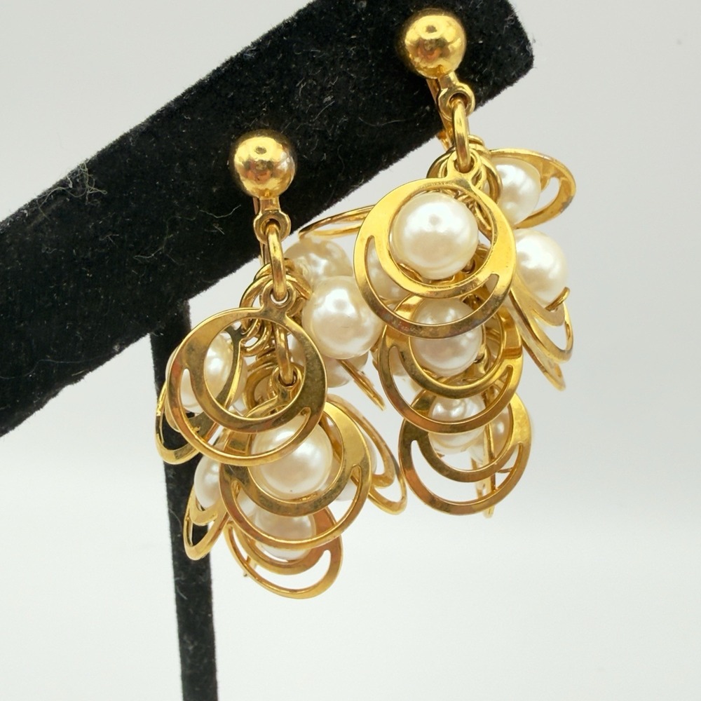 Vintage Avon Gold Tone Rings Faux Pearl Dangle Cluster Cha Cha Style